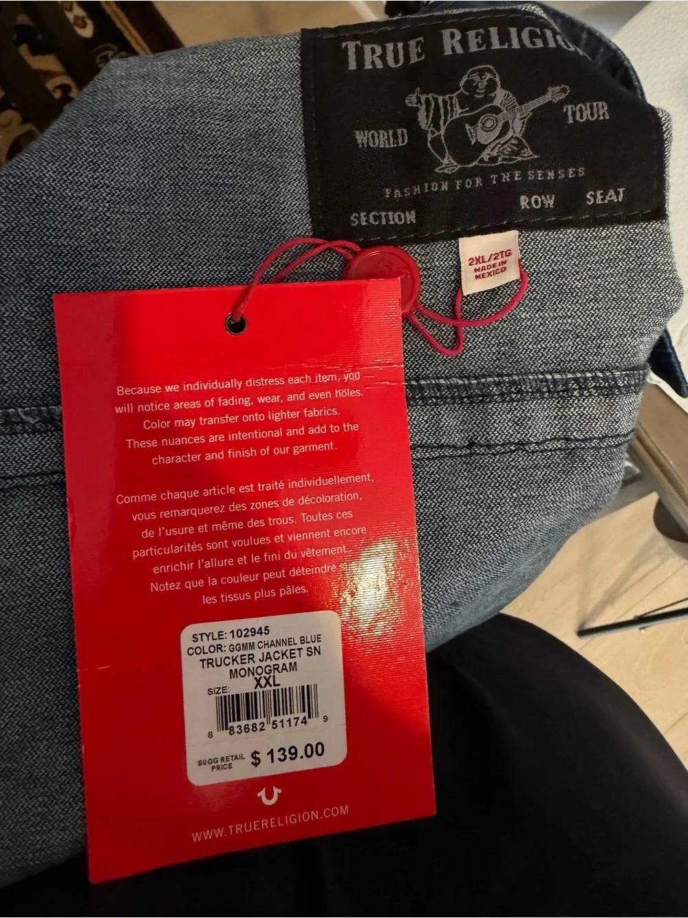 True Religion Trucker Jacket SN Monogram XXL GGMH Channel Blue NWT Denim